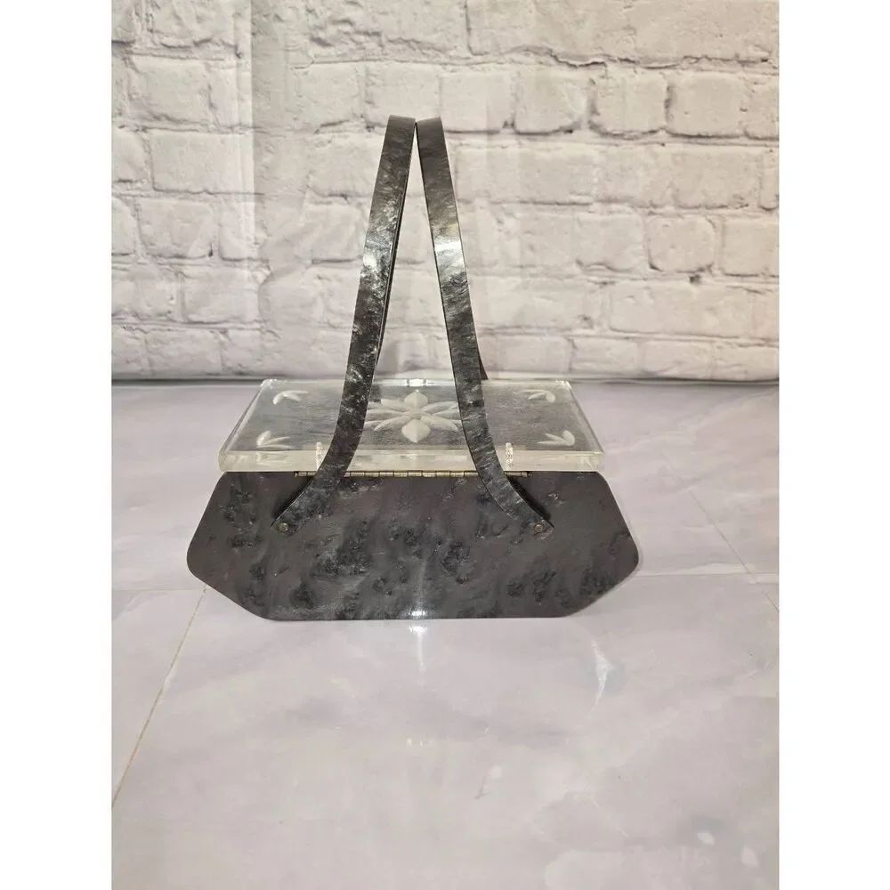 Rialto New York Vintage 1950s Grey Pearlized Hand Etched Lucite Bag